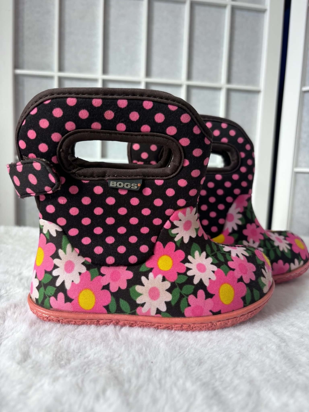 Bogs Kids Pink Floral and Polka Dot Rain Boots - Picture 1 of 7